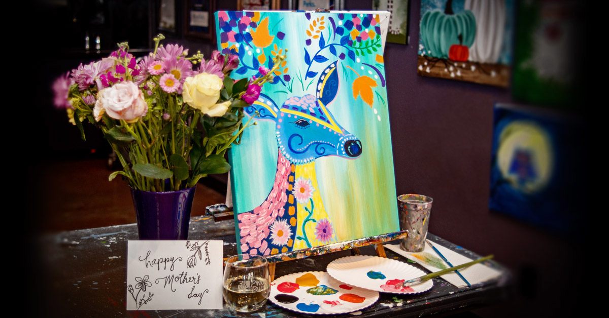 floral deer art with Mother's Day card and flowers