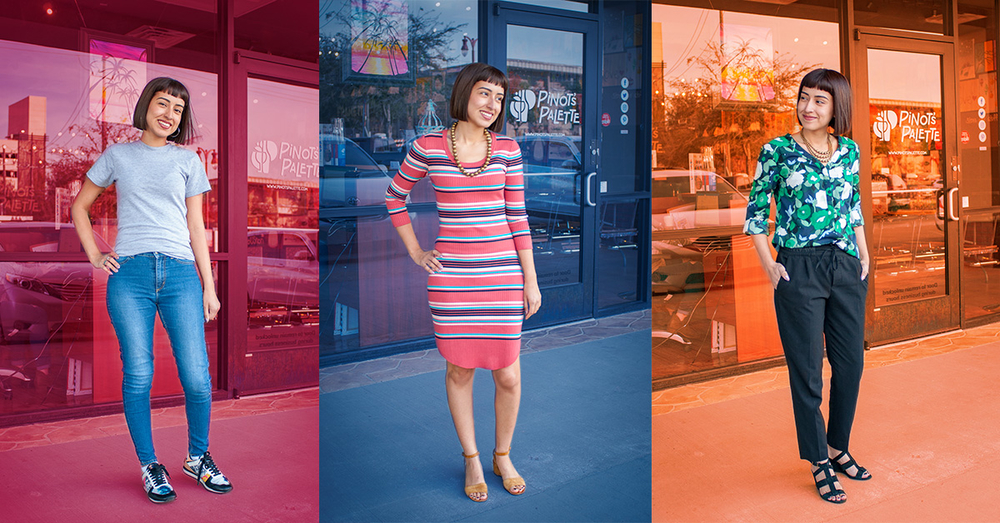 woman modeling three outfits for paint and sip