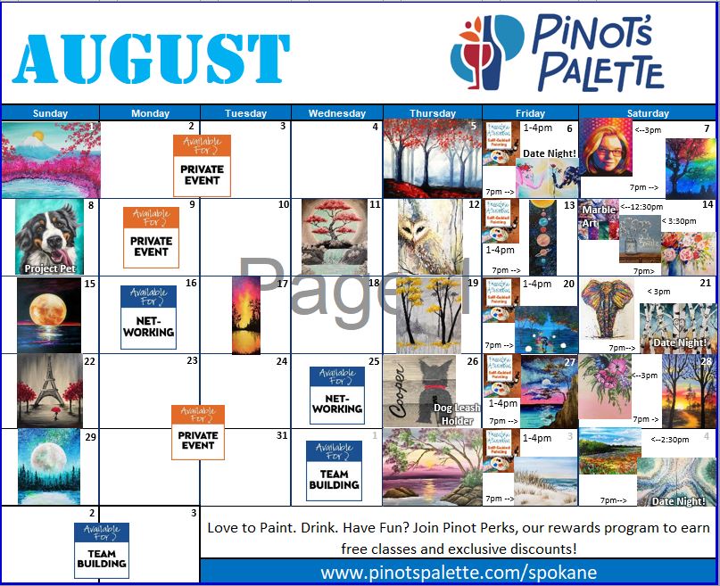 August Calendar is Up! Pinot's Palette