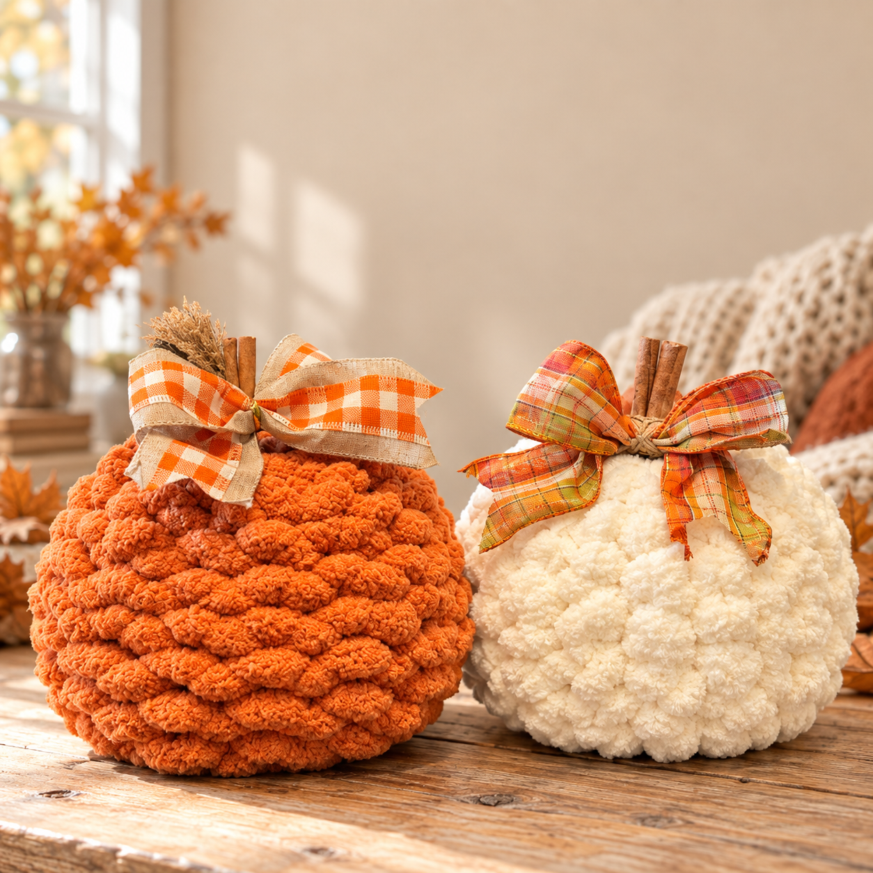 Two Chunky Knit Pumpkins